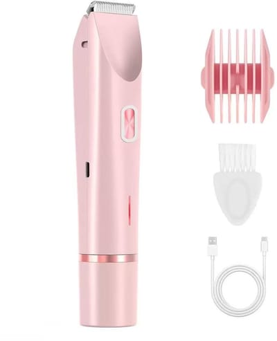 Bikini trimmer voor dames 2-in-1 met dubbele kop - IPX7 waterdicht elektrisch scheerapparaat voor schoonheid, schaamhaar, gezicht, benen en oksels - Draagbaar draadloos scheerapparaat, snel opladen, gemakkelijk schoon te maken (roze)