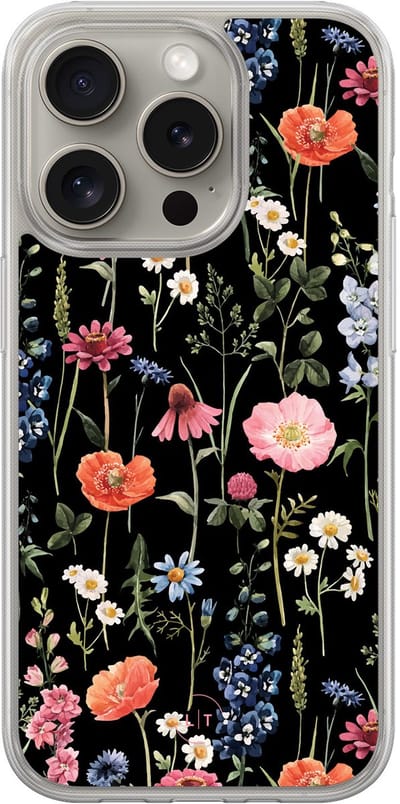 Hoesje geschikt voor iPhone 15 Pro Max - Dark flowers - 2in1 backcover - Bloemen - Zwart, Multi - Leuke Telefoonhoesjes