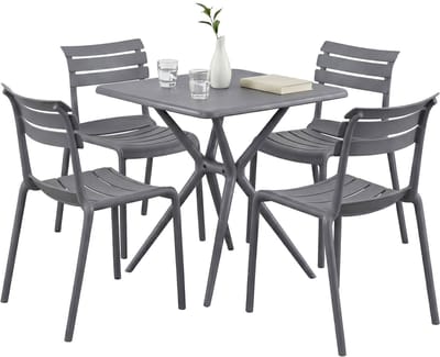 CLP Vela tuinmeubelset - 4 stapelstoelen - vierkante eettafel 72x72cm - weerbestendige balkonset - voor terras en tuin - donkergrijs