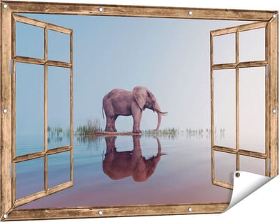 Gards Tuinposter Doorkijk Olifant bij het Water - 120x80 cm - Tuindoek - Tuindecoratie - Wanddecoratie buiten - Tuinschilderij