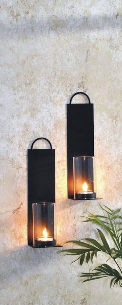 Set van 6 zwarte metalen wandkaarsenhouders met glas voor sfeervolle decoratie