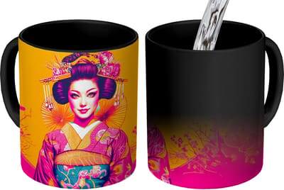 Magische Mok - Foto op Warmte Mokken - Koffiemok - Bloemen - Vrouw - Kimono - Roze - Magic Mok - Beker - 350 ML - Theemok