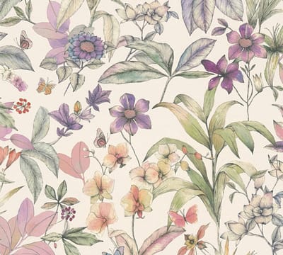 BLOEMEN EN VLINDERS BEHANG | Aquarel - Wit Lila Groen Zwart - A.S. Création Pintwalls III