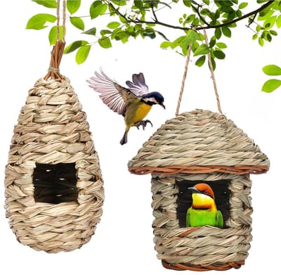 SnelShoppen - 2 stuks Vogelnesten, Grashuisjes, Vogelhuisjes voor Buiten, Hangend Vogelnest Geschikt voor Kolibrie, Papegaaien, Mussen en Roodborstjes