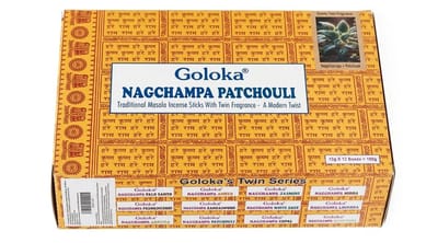 Goloka Nagchampa Wierookstokjes – 180g Voordeelverpakking (12 x 15g) – Authentieke Nagchampa & Patchouli Geurmix – Premium Kwaliteit Masala Wierook Met Kajal Sticker