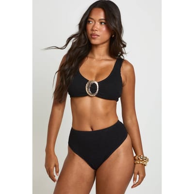 boohoo Dames Gestructureerde Bikinibovenstuk Met Gouden Afwerking En Ronde Hals & Hoge Taille Bikinibroekje | Zwart | Maat: 34