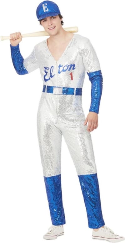 Smiffys - Elton John Deluxe Sequin Baseball Kostuum - L - Wit/Blauw