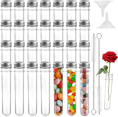 Dailygoods- Reageerbuis 50 stuks - Kunststof - 45 ml - Schroefsluiting - Inclusief trechters/borstel - Transparant - Afmetingen 140 x 25 mm - Testbuis
