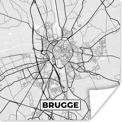 Poster België – Brugge – Stadskaart – Kaart – Zwart Wit – Plattegrond - 100x100 cm XXL