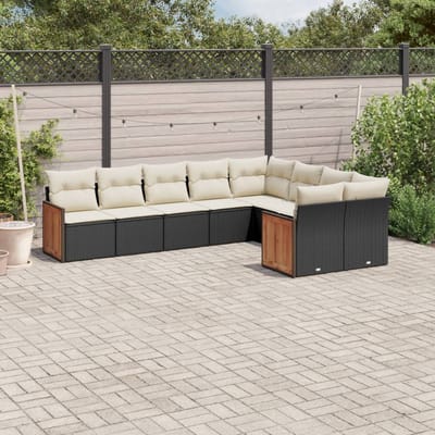 vidaXL - 9-delige - Loungeset - met - kussens - poly - rattan - zwart