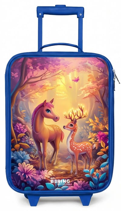 NoBoringSuitcases.com® - Kinderkoffer blauw - Kindertrolley jongen - Paard en hert in een roze sprookjesbos - Koffer kind lichtgewicht - Reiskoffer trolley voor kinderen - Koffertje met lichtgevende wieltjes - Rolkoffer