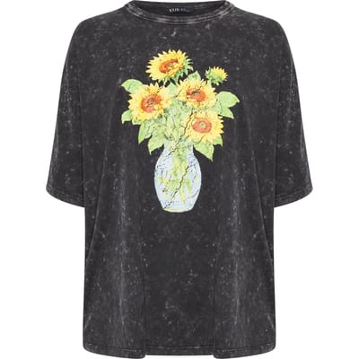 Yours Grijs Acid Wash Tshirt Met Zonnebloemprint Size 38