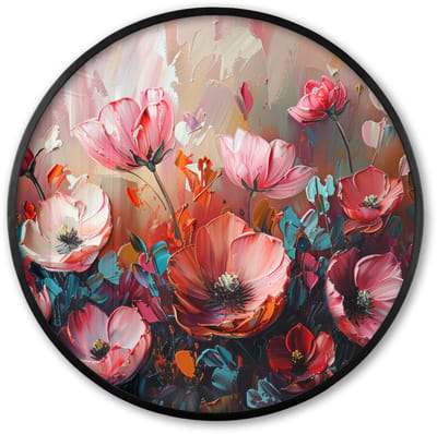 Poster in lijst Rond - Fotolijst 60x60 cm - Posters - Klaprozen - Roze - Bloemen - Botanisch - Kunst - Ronde posterlijst zwart - Decoratie - Wanddecoratie woonkamer - Muurdecoratie slaapkamer