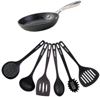 Set pan 20 cm aluminium gietijzer keramische anti-aanbaklaag zonder PFAS en 6 roestvrijstalen keukengerei Fackelmann Crossroad