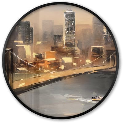 Poster in lijst Rond - Fotolijst 60x60 cm - Posters - Schilderij - Olieverf - Skyline - Stad - Water - Ronde posterlijst zwart - Decoratie - Wanddecoratie woonkamer - Muurdecoratie slaapkamer