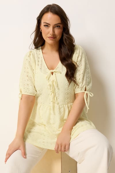 Yours Gele Top Met Broderie Anglaise En Strik Aan De Voorkant Size 42
