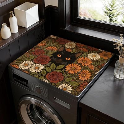 Wasmachine Topper - Droger Mat - Bescherming Apparaten - Waterdicht Antislip - 60 x 50 cm - Zwart Kat Bloemen