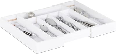 Famanu – Besteklade - uitschuifbaar - variabele breedte - 5-7 vakken - organizer van bamboe - 37,10 x 31,80 x 5,20 - wit