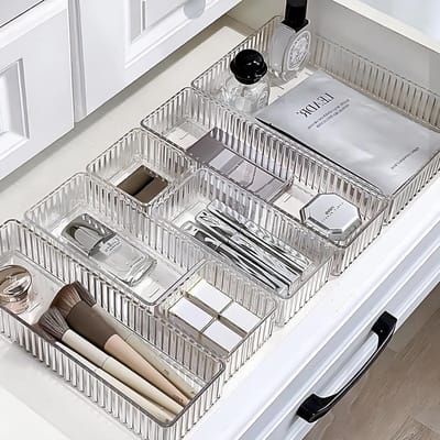 Transparante Lade Organizer Set van 7, Stapelbaar en Ideaal voor Make-up, Keuken en Kantoor - 4 Maten voor Efficiënte Opslag en Indeling