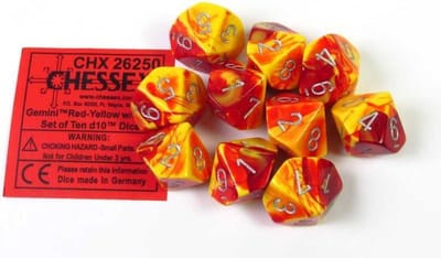Chessex Gemini Rood-Geel/Zilver D10 Dobbelsteenset (10 stuks)