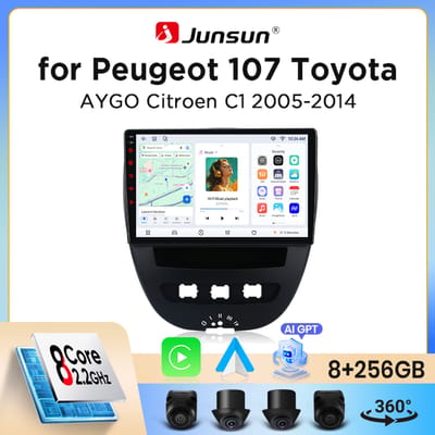 Junsun draadloze CarPlay Android Auto autoradio voor Peugeot 107 / Toyota Aygo / Citroen C1 (Mk1) 2005-2014 met ingebouwde koelventilator, Android GPS navigatie, multimediaspeler, WiFi, DSP, RDS, BT,