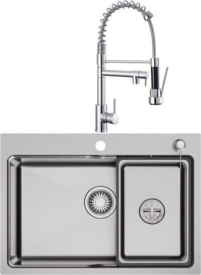 CECIPA MAX Spoelbak Keuken 68x48CM - Spoelbakken Keuken Met keukenkraan met uittrekbare uitloop - Enkele spoelbakken RVS - Met Korf, Zeepdispenser en Afvoerset - Voor 80 cm Kast