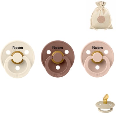 BIBS fopspenen anatomisch met naam - maat 2 - ivory, woodchuck en blush + BolleToet speenzakje