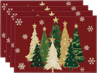 Set van 4 placemats met rode bomen, sneeuwvlokken, vrolijke kerstmotieven, 30 x 45 cm, wasbaar, voor keuken, feestdecoratie