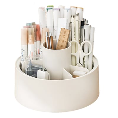 Peysaitr - Draaiende Bureau Organizer - 360° Rotatie - Pennenhouder - Bureau Accessoires - Make-up Organiser - 6 Vakken - Kunststof - Wit - 17.5x10.5cm - 1 stuk