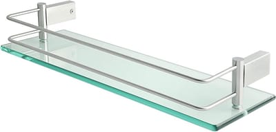 Wandplank van Gelaagd Glas 40CM voor Badkamer - Zwevende Plank met Railing van RVS, 8MM Dikte en Geborsteld Afwerking, Ideaal voor Opbergruimte en Decoratie