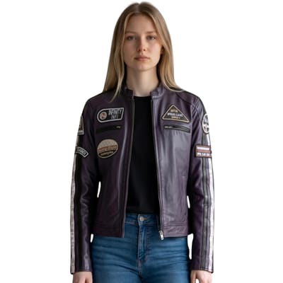 Dames Biker Racing Badges Paarse Leren Jas-Incheon