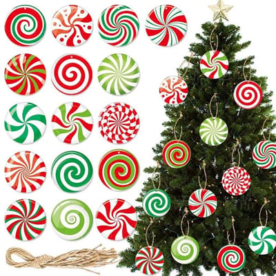 JHUBERS- Kerstdecoraties 16 Stuks - Snoep Boom Ornamenten - Kleurrijke Lolly Pepermunt - Feestdecoratie - Winter Decor - Papieren/Jute Versieringen - Kerstboomversieringen