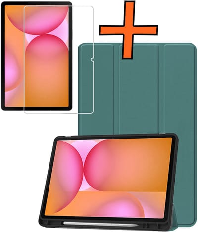 Hoesje - Geschikt voor Samsung Galaxy Tab S10 FE - Met Screenprotector - Trifold Bookcase - Hard Cover Case - Met Uitsparing Geschikt voor S Pen - Hardcover Book - Tablet Hoes - Donkergroen