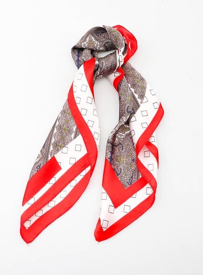 Dames neksjaal Indi fantasiemotief rood wit zwart geel beige bruin