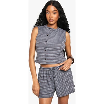 boohoo Dames Gestreepte jersey asymmetrische knoop mouwloze tanktop | Babyblauw | Maat: 34