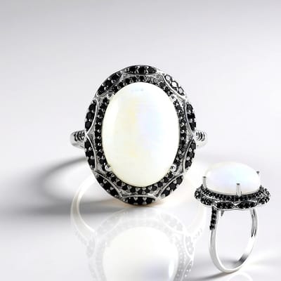 Cavill - Elegante Ovaal Cabochon Regenboog Maansteen Ring - 8.879 ct - 925 Sterling Zilver Geplatineerd - Zwarte Spinel Pavé 0.639 ct - Luxe Sieraden