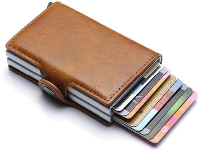 Pasjeshouder Uitschuifbaar - Anti-diefstal - RFID Creditcardhouder - Kaarthouder - Pasjeshouder Mannen - Pashouder cognac - 14 pasjes - Leer en Aluminium - Minimalistisch Design - Met Briefgeld Houder