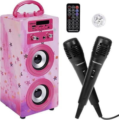 Draagbare Karaoke Machine Met 2 Microfoons - Bluetooth Luidspreker Met Verlichting, USB- en SD-Lezer, Perfect Cadeau voor Kinderen Van 5-16 Jaar (Model 15 Lights)