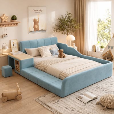 Kinderbed 140x200 cm - Tweepersoonsbed - Gestoffeerd bed - Vloerbed - Met opbergplanken - Met zacht hoofdeinde - Fluweelstof - Met bureau en stoel - Zacht en schokbestendig - Blauw