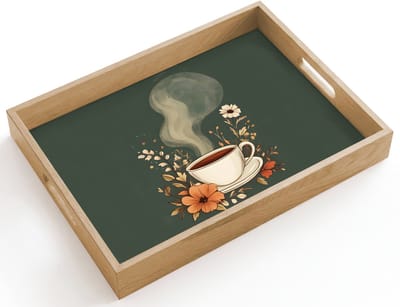 Dienblad hout 40x30 cm - Schootdienblad - Kop - Bloemen - Groen - Koffie - Borrelplank rechthoek - Plateau dienbladen