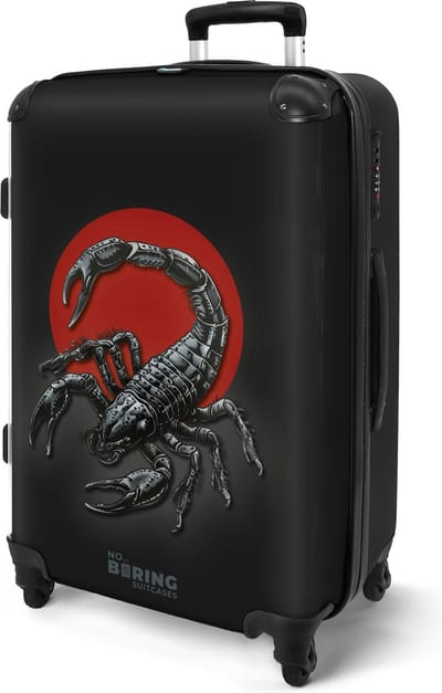 NoBoringSuitcases.com® - Koffer groot - Rolkoffer lichtgewicht - Zwart met rode cirkel en schorpioen - Reiskoffer met 4 wielen - Valies grote trolley XL op wieltjes - Harde reistrolley met TSA slot - 20 kg bagage - Reizen