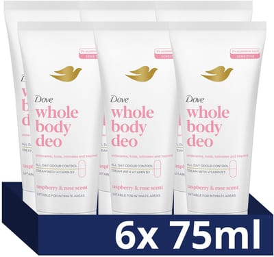 Dove Whole Body Deodorant Cream - Raspberry & Rose - de formule met frisse geur, voedende oliën en glycerine bevat 0% aluminiumzouten - 6 x 75 ml