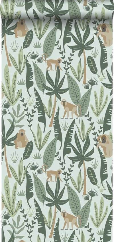 ESTAhome behang jungle apen mintgroen en donkergroen - 53 cm x 10.05 m - 139073
