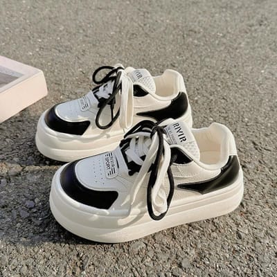 Schoenen met dikke zool, ronde neus en grote kop voor dames, nieuw voorjaar, niche, veelzijdig, casual, kleine witte schoenen 40 zwart
