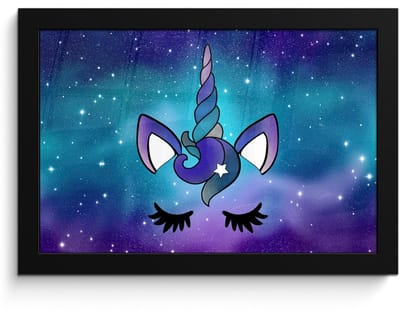 Poster in lijst - Fotolijst 30x20 cm - Posters - Eenhoorn - Sterrenhemel - Ster - Blauw - Posterlijst zwart - Decoratie - Wanddecoratie woonkamer - Muurdecoratie slaapkamer