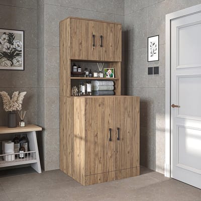 Badkamer wasmachinekast met bovenkast - 70 x 180 x 69 cm - Eiken