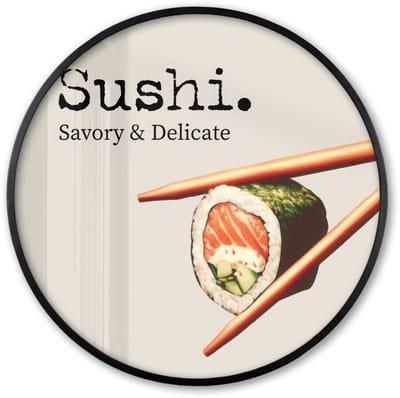 Poster in lijst Rond - Fotolijst 60x60 cm - Posters - Sushi - Zalm - Rijst - Japans - Ronde posterlijst zwart - Decoratie - Wanddecoratie woonkamer - Muurdecoratie slaapkamer