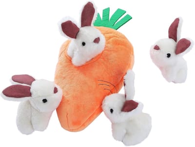 Famanu – Pluche piepend hondenspeelgoed verstopspel – Konijn en wortel – Set van 4