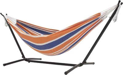 Katoenen hangmat - Dubbele hangmat - Ontspannen buiten - Inclusief draagbare standaard - 250 cm lengte - Oranje