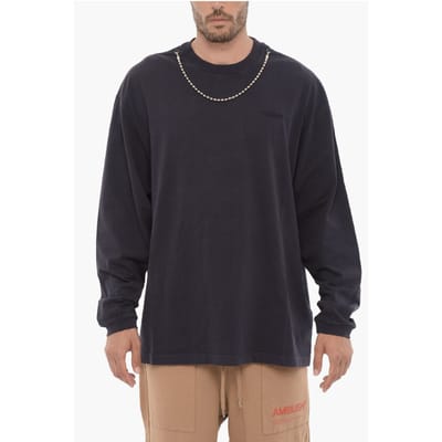 T-shirt met lange mouwen, ronde hals en zilverkleurige ketting in blauw